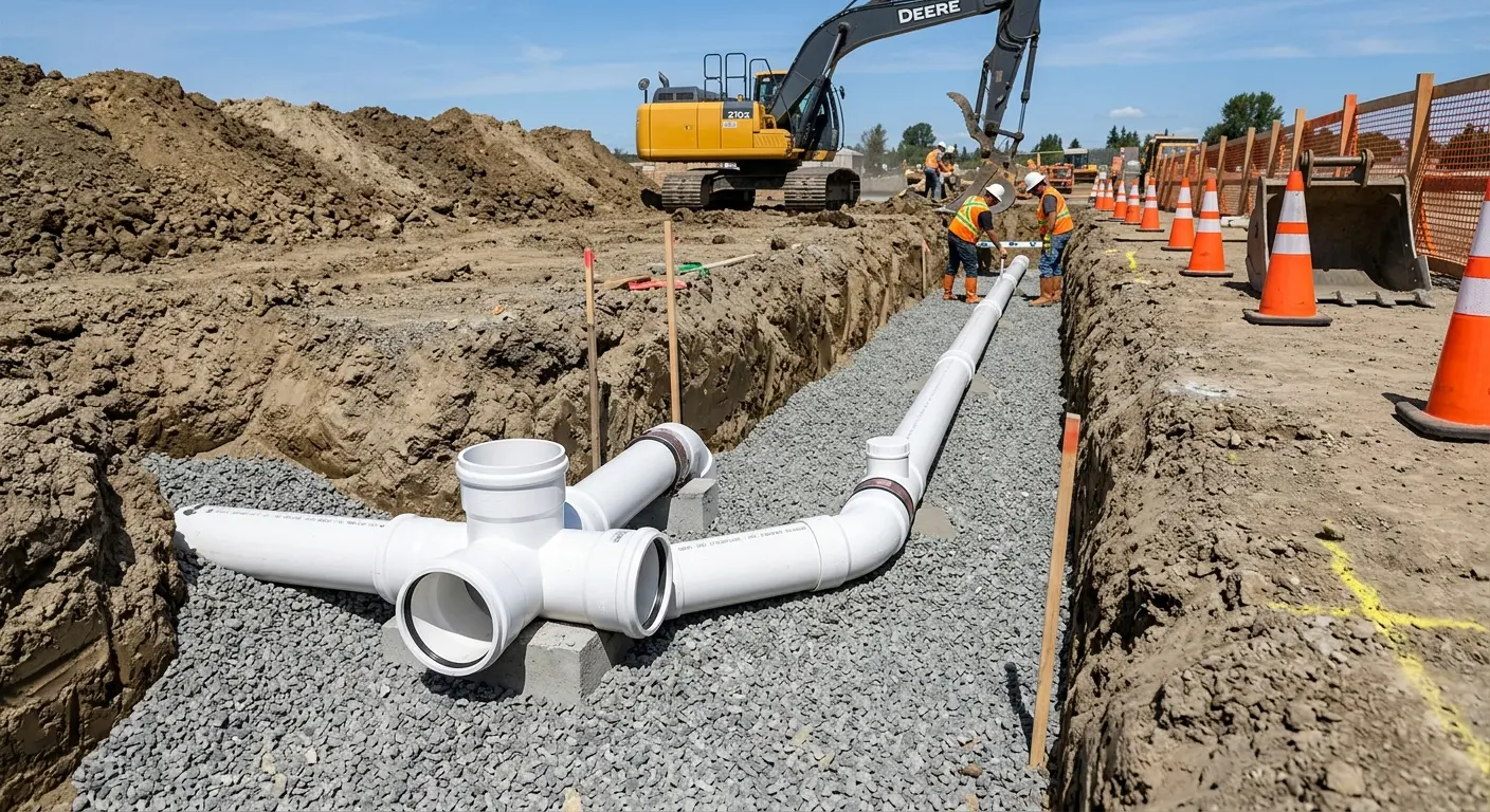 New PVC sewer pipe installation in open trench for Sewer Backup in Hooper
