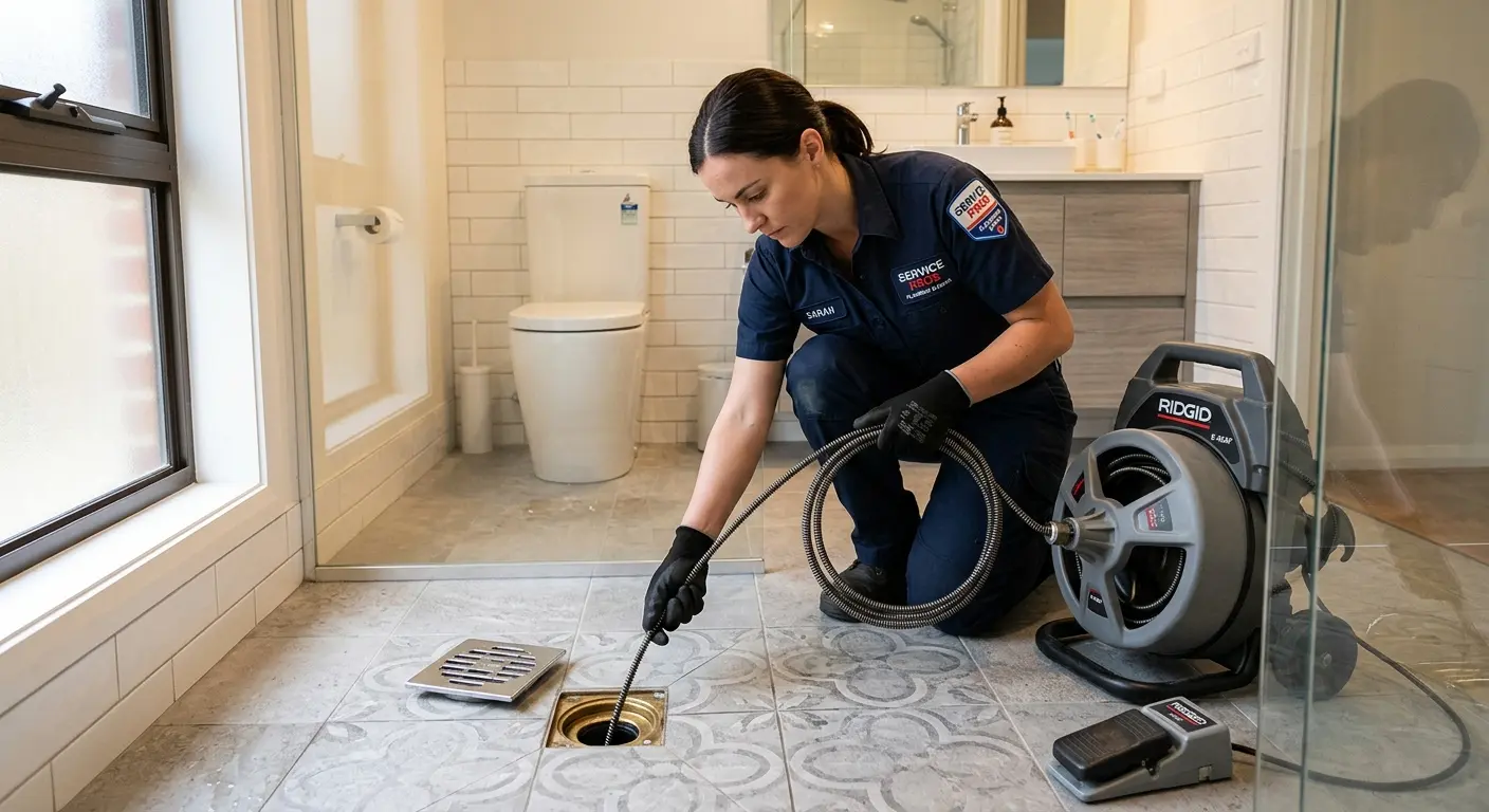 Technician clearing a bathroom floor drain for Sewer Line Installation in Hooper